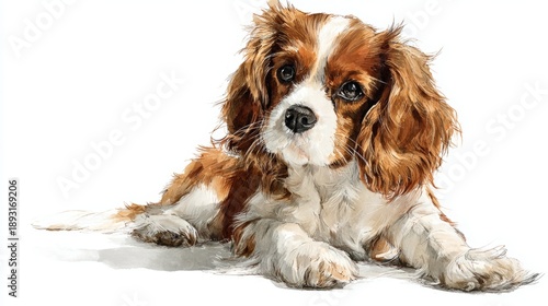 Realistic portrait of a Cavalier King Charles Spaniel in watercolor style on a white background