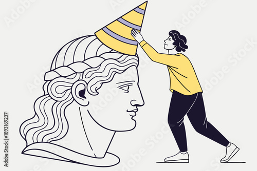 Vector illustration of a person placing a party hat on a classical bust, symbolizing celebration, ideas, or transformation in a modern, minimalist art style.