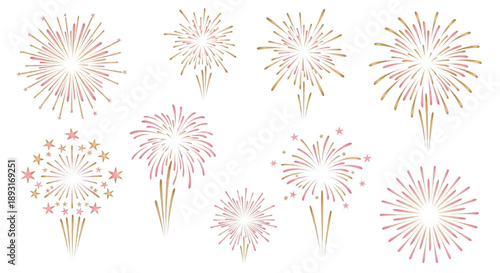 Pink and Gold Fireworks Burst Set Isolated on White Background