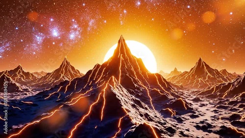 A majestic mountain range illuminated by a radiant sunset beneath a star-filled night sky
