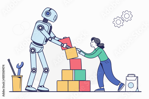 Collaborative robot and human teamwork illustration with colorful building blocks, tools, and gear icons for ai, automation, and teamwork concepts in tech, business, and innovation