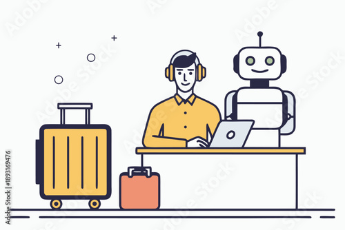 Professional man working remotely with ai robot assistant, futuristic workspace with luggage for travel or business, vector illustration