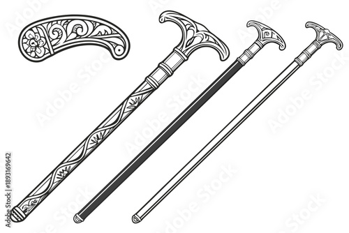 Elegant vintage walking canes with ornate handles and intricate designs - detailed vector illustration for editorial, medical, historical, or luxury branding use