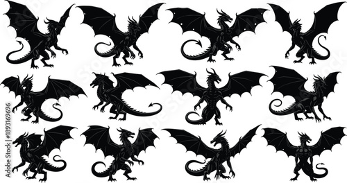 Black silhouette collection of fantasy dragons in multiple flying and standing poses, showcasing mythical creature anatomy, wings, tails, horns, and claws