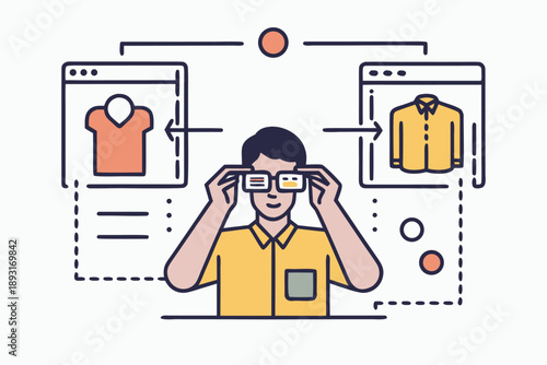 Man wearing vr headset for virtual clothing try-on, interactive online shopping experience with digital fashion visualization