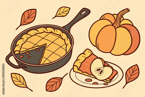 Hand-drawn vector illustration of an autumn apple pie, a slice on a plate, and a pumpkin with fall leaves scattered around, perfect for seasonal baking and harvest themes.