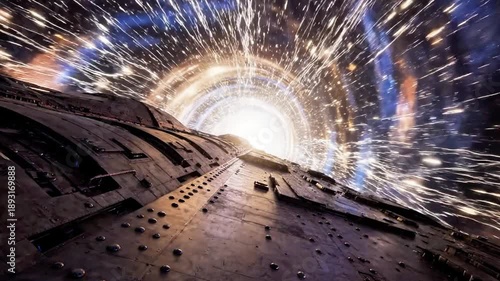 A futuristic, abstract depiction of a tunnel or wormhole with vibrant purple, blue, and orange lights radiating from the center