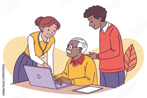 Diverse team of professionals assisting an elder with a laptop, symbolizing technology, education, and support for seniors in a modern office setting, vector illustration.