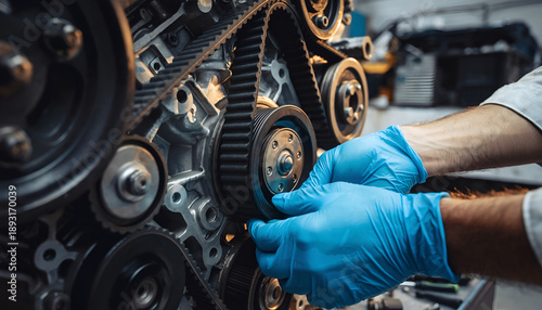 Mechanics Hands in Blue Gloves Working on Car Engine Timing Belt.
