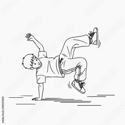 Energetic young boy performing a dynamic breakdance freeze pose, showcasing urban youth culture and movement concept in a minimalist line art illustration