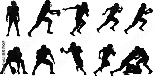 Black silhouette collection of American football players in diverse action poses, showcasing sport dynamics, teamwork, competition, strength, and athletic design