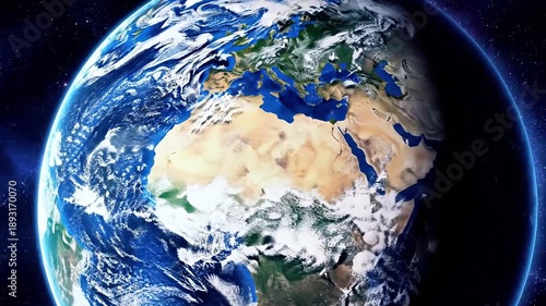 A vivid, digitally rendered image of Earth from space, showcasing its blue oceans, white clouds, and landmasses amidst the darkness of the cosmos