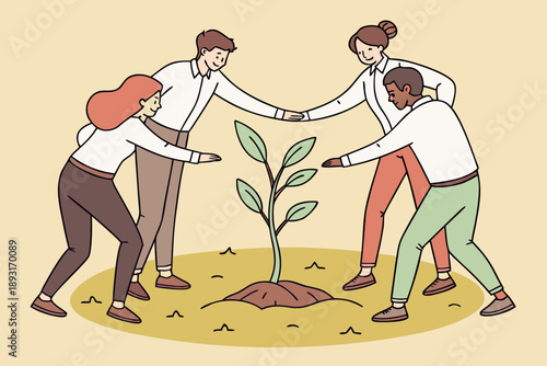 Diverse business team protecting young plant symbolizing teamwork, growth, and environmental sustainability vector illustration