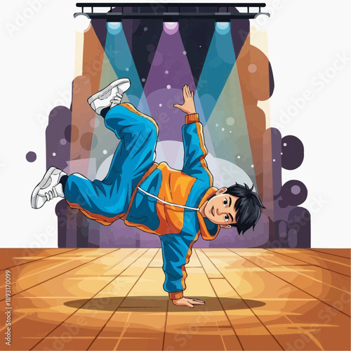 Young man breakdancing on stage under colorful spotlights for hip hop dance performance concept and urban youth culture