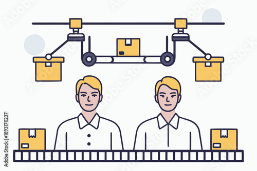 Logistics and automation vector illustration. workers oversee smart factory conveyor belt and robotic package handling system. modern line art.