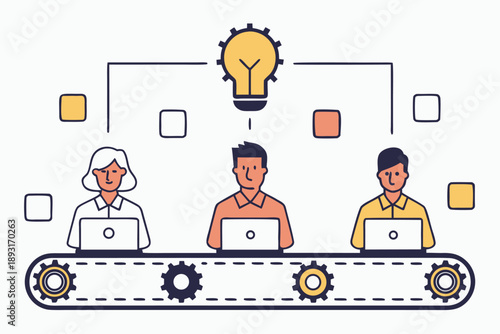 Flat line vector illustration of business team on conveyor belt workflow for collaborative idea generation and innovation process management