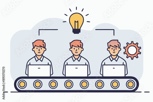 Business process optimization and creative teamwork vector illustration. workflow automation concept with employees and ideas on a conveyor belt.