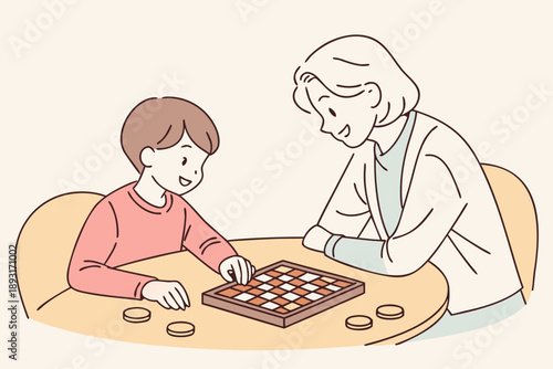 Happy mother and son playing board game vector illustration. intergenerational family bonding and leisure activity at home with minimalist line art style