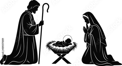Black silhouette nativity scene with Mary Joseph and baby Jesus in manger minimal Christian Christmas religious vector illustration holy art