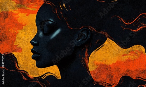 Afro-textured hair woman profile celebrating black history month, identity, and empowerment against a vibrant orange and yellow background