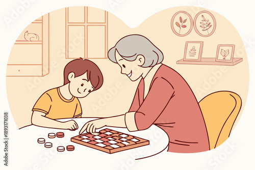 Happy grandmother and grandson playing checkers board game together at home. intergenerational family bonding and leisure activity vector illustration