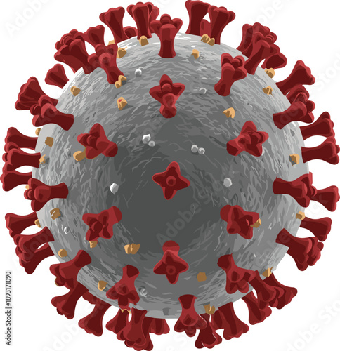 Detailed coronavirus cell 3D style vector illustration with red spike proteins isolated on white background medical infection disease concept