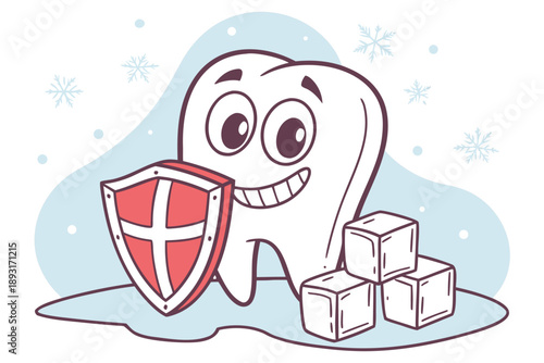 Happy cartoon molar tooth mascot with a red shield protecting against cold dental sensitivity, next to ice cubes and snowflakes. vector illustration for dental health and care.