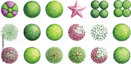 Top view garden bushes trees shrubs landscape elements set green foliage icons for park design map vector collection isolated editable