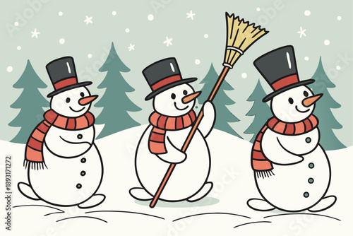 Three cheerful anthropomorphic snowmen in winter hats and scarves cleaning snow with broom and shovel, festive holiday vector illustration