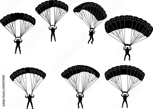 Parachute silhouettes set showing skydiving and airborne paratroopers, dynamic black vector illustrations of extreme adventure sport landings isolated on white background design collection