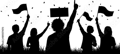 People protest silhouette illustration with raised hands and flags celebrating victory, unity, democracy, and activism during a public rally shown in bold black 