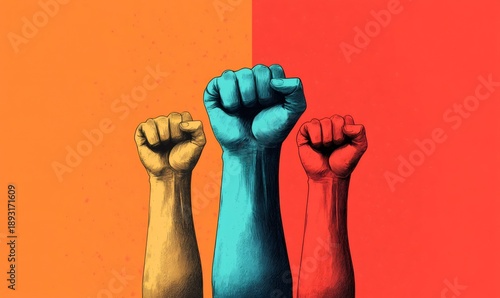 Three colorful raised fists representing power, unity, and strength, celebrating black history month and social justice movements