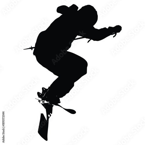Silhouette of skier jumping with ski poles
