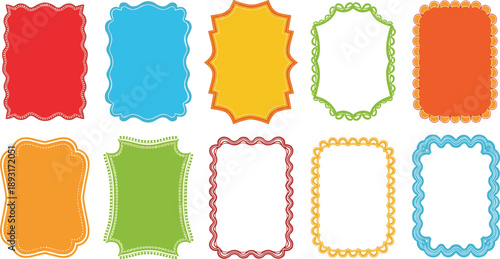 Colorful decorative label frames, empty center, wavy borders, scalloped edges, curly outlines, dotted styles, vibrant design, scrapbook, invitation, education