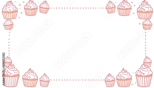 Pink cupcake frame with dotted borders surrounding a blank white space