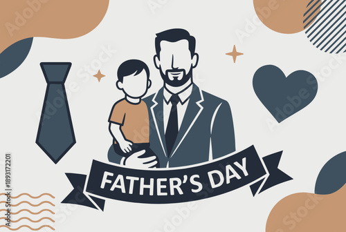 A stylized illustration for Father's Day featuring a father holding his child, with a tie, heart, and decorative elements.