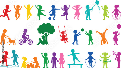 Colorful children silhouettes playing sports games and activities, happy kids illustration showing childhood fun, education, playground diversity, lifestyle, creativity, joy