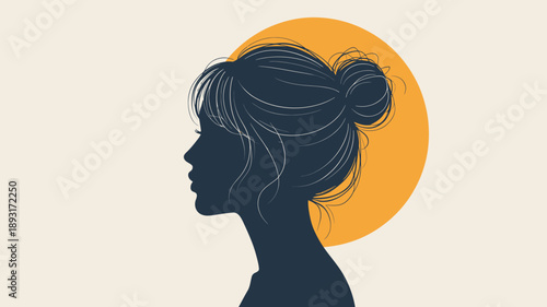 Woman Silhouette Profile with Messy Bun against Yellow Circle Minimalist Illustration