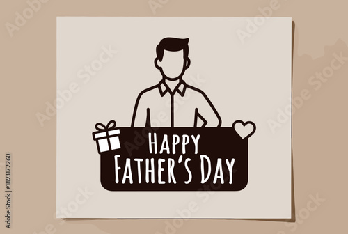 Minimalist illustration of a father figure holding a 'Happy Father's Day' banner with a gift and heart icon, celebrating paternal love.