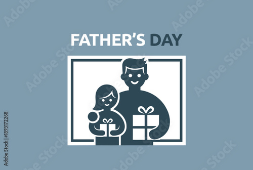 Illustration of a father and daughter holding gifts, celebrating Father's Day, set against a blue-grey background with a white frame.