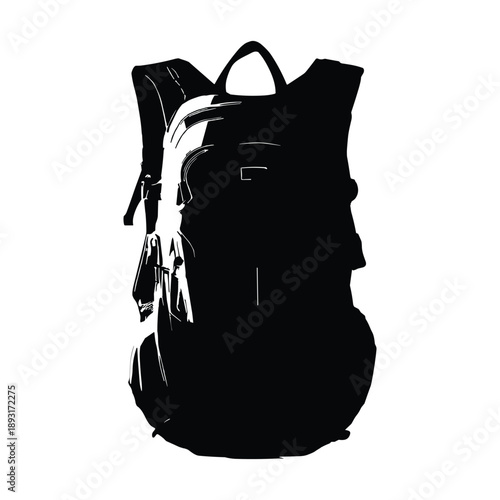 Black backpack front view flat vector illustration