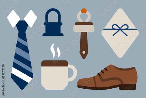 A collection of flat design icons representing elements of a man's daily routine and professional life, including a tie, coffee, shoe, lock, tool, and gift.