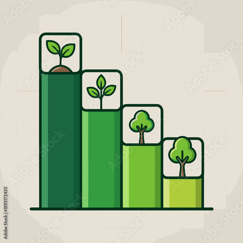 Illustration of a green bar chart depicting plant growth stages, from sprout to small tree, symbolizing environmental progress or decline over time.