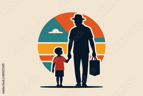 Silhouette of a father and child holding hands, walking together against a retro-style sunset background, symbolizing family bond and companionship.
