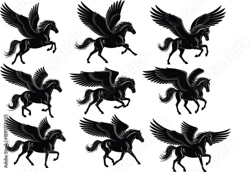 Black Pegasus silhouettes set with mythical winged horse icons featuring flying and galloping poses isolated on a white background for design,