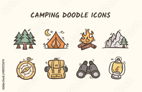 Camping tools icon doodle set. Adventure hand drawn illustration collection. Hiking gears doodle vector elements. Pine tree forest, tent, campfire, mountain, compass, binoculars, lantern, backpack.
