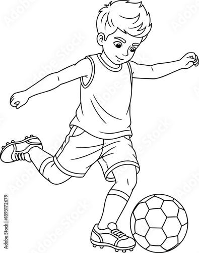 Active cartoon boy kicking soccer ball in dynamic motion illustrated in clean black and white line art for kids sports training, play, and fitness concept