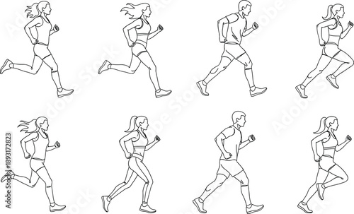 Black and white line art illustration of male and female runners in motion, minimalist outline running poses, fitness training characters isolated on white background