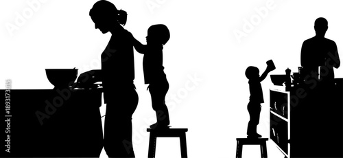 Mother cooking with child silhouettes, family kitchen activity, woman preparing food, domestic chores, parenting, caregiving, teamwork