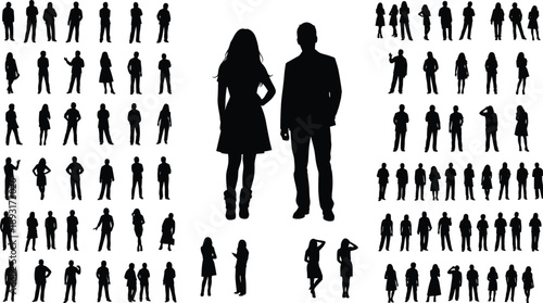 Black silhouette people collection with male and female figures, standing poses and gestures, large crowd set, human characters isolated on white background vector design